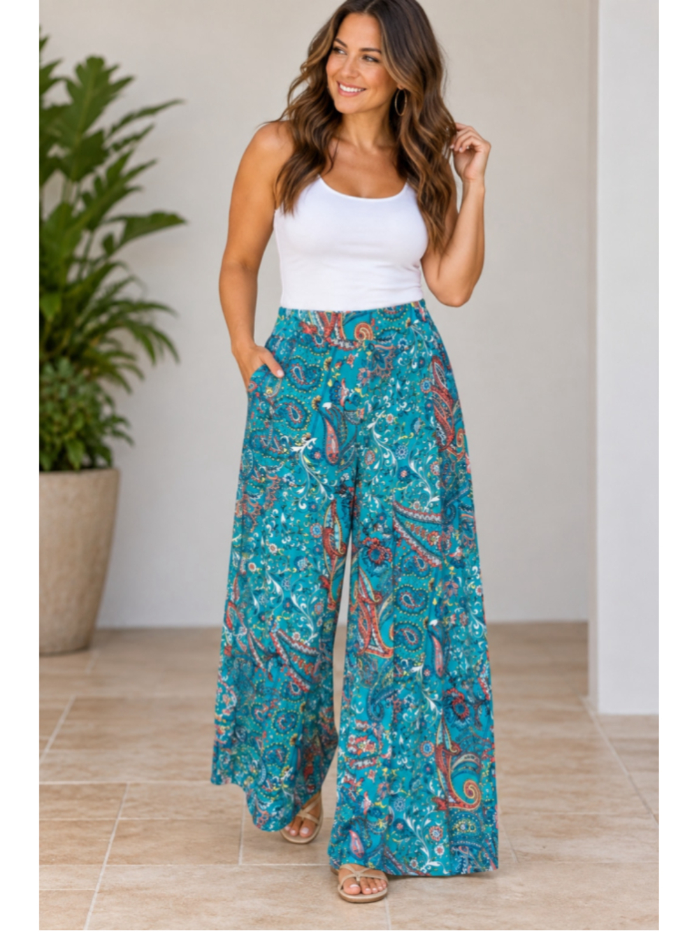 Christopher & Banks Wide Leg Pants Teal Paisley Women's Size 14W